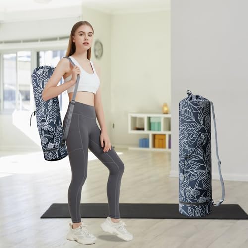 sportsnew Yoga Mat Bag with Water Bottle Pocket & Wet Pocket for Women | Yoga mat carrier fits 1/8"-3/8" yoga mats, quick-access multi-pocket organization, lightweight for gym, Pilates & studio - color: Blue Leaf, size: Medium