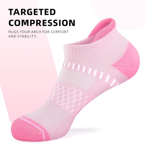 IRAMY Light Compression Socks for Women Arch Support Athletic Cushioned Anti-Blister Comfort Running Ankle Socks 3/5 Pairs - color: Pink+purple+blue+black+white(5 Packs), size: 6-9