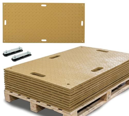 Mytee Products 12 Pack 4' x 8' Tan Ground Protection Mats with Diamond Plated Tread Design & 22 Pcs Single Connectors - Polyethylene Mat, Easily Supports 120 Ton Loads on Lawns, Dirt, & Other Areas - color: Tan, size: 12 - Pack