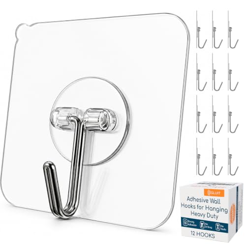 GLUIT Adhesive Wall Hooks for Hanging Heavy Duty 22 lbs Hooks for Walls No Drill, Towel Sticky Clear Hook, Waterproof, Home, Bathroom, Kitchen, Office, and Outdoor 12 Pack - size: Medium, 12 pcs