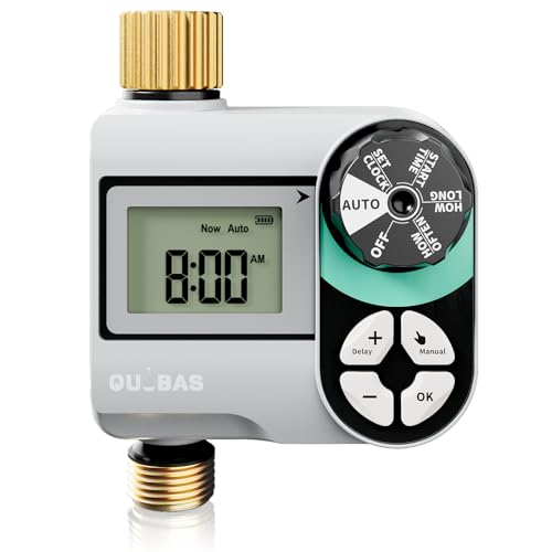 QUOBAS Brass Sprinkler Timer, Programmable Water Hose Timer for Garden Hose Faucet with Waterproof HD Screen, Rain Delay/Manual/Automatic Irrigation Watering System for Garden, Lawn, Yard