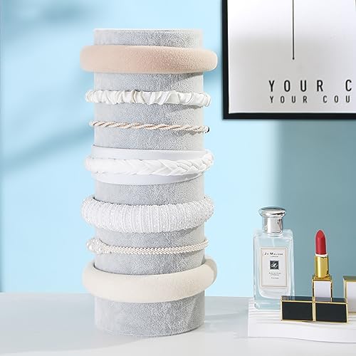 Headband Holder Organizer, Soft Velvet Tower Hairband Stand Display, Vertical Hair Hoop Accessories Jewelry Storage for Women Girls (Gray Beige Velvet) - color: Vertical Gray Beige Velvet