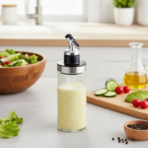 Salad Dressing Shaker Bottle, Ribbed Glass Dressing Bottle for Kitchen Table, Glass Oil Dispenser, Syrup Dispenser, Soy Sauce Dispenser and Condiment Bottle for Meal Prep, Dining and Coffee Bar