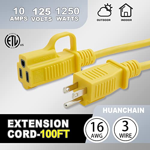 HUANCHAIN Outdoor Extension Cord 100 ft Waterproof, 16/3 Gauge Flexible Cold-Resistant Appliance Extension Cord Outside, 10A 1250W 16AWG SJTW, 3 Prong Electric Cable Yellow, ETL