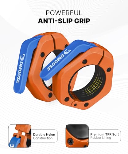 DMoose Fitness Barbell Clips 2 Inch (Pair) - Quick Release Olympic Barbell Clamps & Collars with Anti Slip TPR Grip for Secure Weightlifting and Powerlifting - Weight Clips for Bars at Home or Gym - color: Orange, style: Magnetic