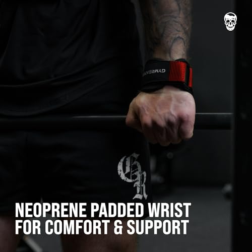 Gymreapers Weight Lifting Grips (Pair) for Heavy Powerlifting, Deadlifts, Rows, Pull Ups, with Neoprene Padded Wrist Wraps Support and Strong Rubber Gloves or Straps for Bodybuilding - color: Red, size: Medium