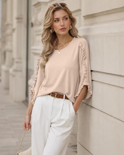 3/4 Length Sleeve Womens Tops Crewneck Ruffle Sleeve Shirts Dressy Casual Blouse Summer Fall Fashion Business Outfit - color: Apricot, size: Small