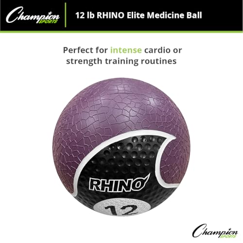 Champion Sports Rhino Elite Medicine Ball – Textured Surface, Superior Grip, Hollow Synthetic Rubber for Consistent Bounce & Durability, Multiple Weights & Colors - Optional Rebounder Sold Separately - style: 12 Pounds - Purple