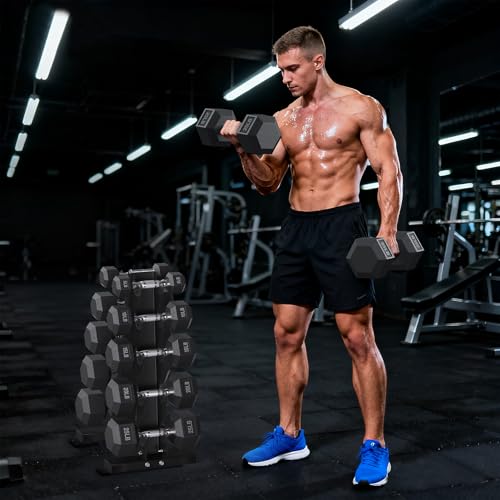 Hex Dumbbell Sets with Rack, 85-560lb Dumbbell Weight Set & Storage Rack | PAPABABE Dumbbell Set with Stand, Rubber Dumbbell Weight Set, Multiple Options Hand Weight for Strength Training - size: 150lb (5, 10, 15, 20, 25lb)x2& Rack