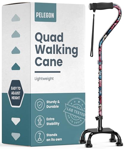 PELEGON Quad Cane (300 lb) - Adjustable Walking Cane with A Large 4 Pronged Base for Extra Balance & Stability, Walking Canes for Seniors, Walking Cane for Men & Women, Walking Sticks - color: Flowers