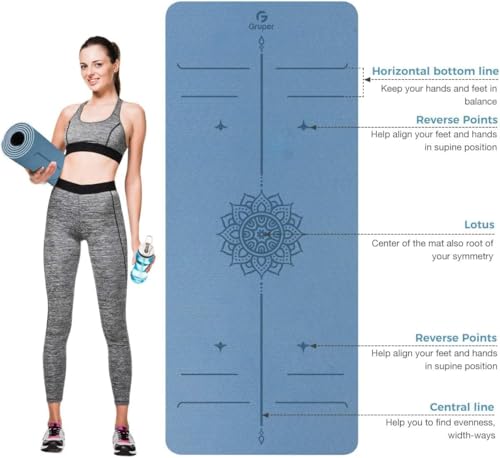 Gruper Yoga Mat Non Slip TPE Extra Wide Yoga Mat with Alignment Mark, 72"L x 32"W x 0.32"/0.24"Th (183cm x 80cm x 8mm/6mm), Anti-Tear Exercise Mat with Carrying Strap and Bag, Workout Mats for Yoga, Pilates - color: Blue Black, size: 0.24*32*72 Inches