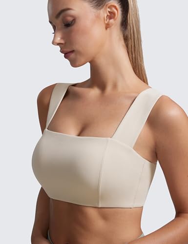 CRZ YOGA Butterluxe Wide Strap Sports Bras | Light Support, Removable Pads, Yoga, Extremely Soft, Square Neck, Front Split Line, for Women - color: Mojave Tan, size: X-Small