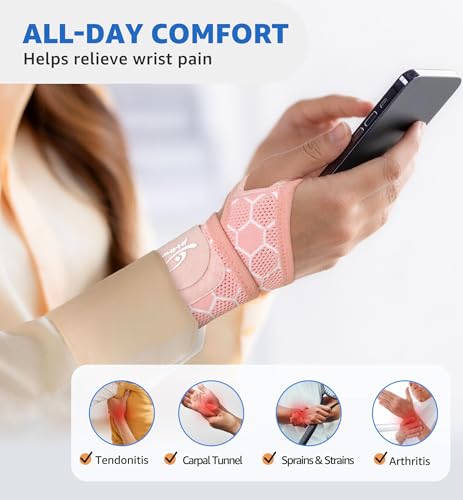 HiRui Upgraded 3D Knit Breathable Wrist Brace Wrist Wrap, Extended Length Adjustable Compression Strap, Elastic Support for Wrist Pain Relief, Carpal Tunnel, Sports, Gym & Daily Use (2, Pink) - color: Pink