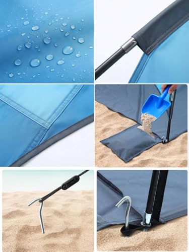 Beach Umbrella with UPF 50+ UV Protection, Portable Beach Tent Canopy with 360° Ventilation, 4 Sandbags, Wind Ropes & Stakes, Storage Pockets for Beach, Travel, Backyard (4)