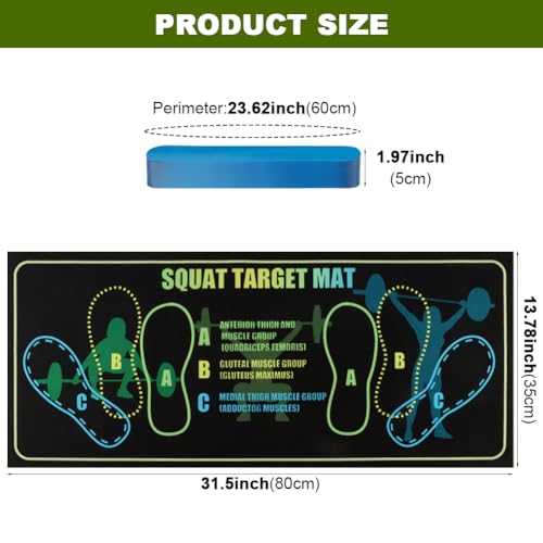 Squat Mat with Foot Position, 31.5'' x 13.8'' Guided Training Pad for Proper Form, 4 mm Thickness Squat Target Pad with A Resistance Band, Non Slip Exercise Mat for Squats, Leg & Abdominal Workouts
