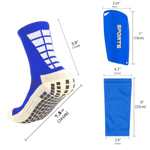 Soccer Socks with Shin Guard for Men, 1 Pairs Mens Grip Soccer Socks and 1 Pairs Shin Sleeves with Shin Guards, Footaball Equipment Shin Sleeves with Pads for Adults - color: blue
