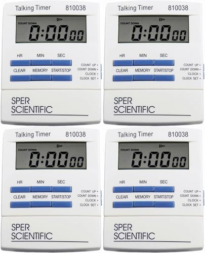 Sper Scientific Talking Timer with Audible Countdown Voice Announcements 810038 - Large LCD Display, Hands-Free Timer with Loud Alarm & Memory Recall - Perfect for Cooking, Labs, Fitness & more - 4 pc - size: 4 Pack