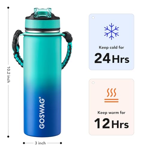 GOSWAG 24oz Insulated Stainless Steel Travel Water Bottle, 2 Lids | with straw and no straw, Paracord handle, Double-wall vacuum keeps drinks cold or hot, Leakproof tumbler - color: Green-Blue Ombré