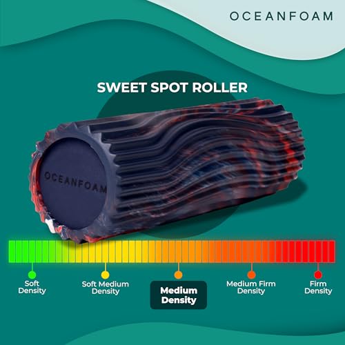 Oceanfoam Sweet Spot Medium Exercise Foam Roller 14"x5.5" – Medium Density Travel Foam Roller for Physical Therapy, Deep Tissue Massage, Yoga, Pilates, Wave Texture (Dark Navy, Red & Natural Marbled) - color: Dark Navy, Red & Natural Marbled