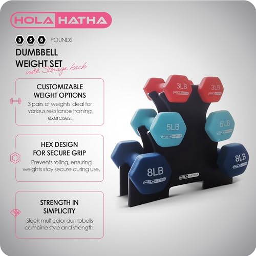 HolaHatha 1, 2 and 3 lb Neoprene Dumbbell Strength Training Weight Set with Rack - color: Blue/Red, size: 32 LB