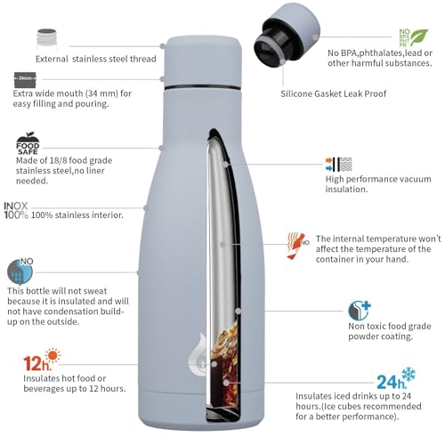 BJPKPK Insulated Water Bottle 12oz Small Stainless Steel Water Bottles Reusable Metal Thermal Keep Cold and Hot,Mist Grey - color: Mist Grey, size: 12 Ounces