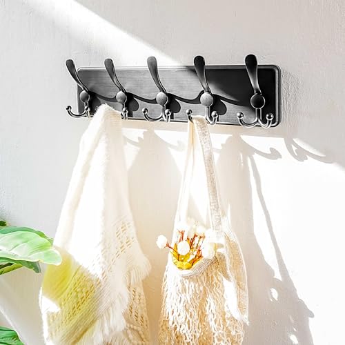 Dseap Coat Rack Wall Mounted - 5 Tri Hooks, Heavy Duty, Wooden Wall Coat Hanger Coat Hook for Clothes Hat Jacket Clothing, Black - color: Black, size: L=17.4"