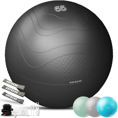 HAPBEAR Exercise Ball- Anti-Burst Slip-Resistant Yoga/Pilates Ball for Core Training & Posture Improvement, Home Gym/Rehab/Pregnancy Ball, Quick Pump & 3 Resistance Bands Included - color: Black, size: L (23-26IN / 58-65cm)