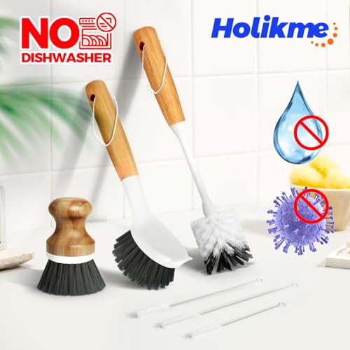 Holikme 6 Pack Dish Brush Scouring Pad Set with Bottle Brush, Dish Brush, Palm Scrub Brush and Straw Brush, Dish Scrubber Long Handle for Dish Bottle Cup Skillet Wok Pot Pan Cast Iron, Dark Gray - color: Dark Gray