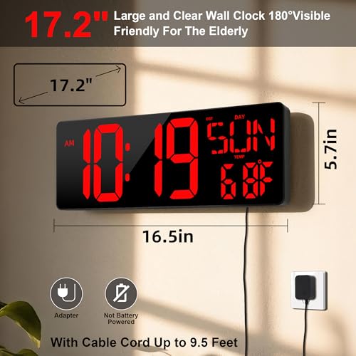 17.2"Large Digital Wall Clock Large Display with Remote Control 180°Visible | Timer with Temperature Date Week Auto DST Adjustable Brightness, for Living Room Classroom Garage Gym Gift for Senior Mom Dad
