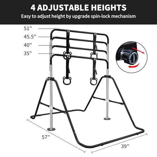 Gymnastics Bars for Kids with Rings, Junior Kip Training Bars Equipment for Home, Folding Height Adjustable Horizontal Bars - color: Black