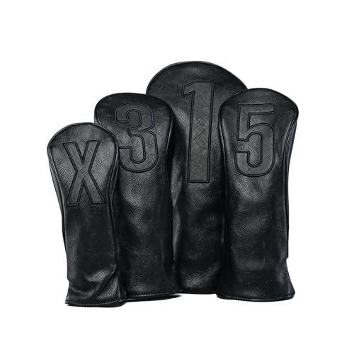 Golf Club Covers – Blackout Leather Driver Headcover, Fairway Wood, 3 Wood, Hybrid, Fits Mallet Blade Putter Head Covers Alignment Stick Cover - size: SET