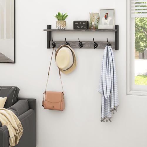 Homode Wall Hooks With Shelf, 24 Inch Coat Rack Wall Mount for Entryway, Clothes, Backpack, Key, Purse - Floating Shelf Hanging in Bathroom, Bedroom, Hallway, Rustic Grey - color: Rustic Grey, size: 24 Inch Long