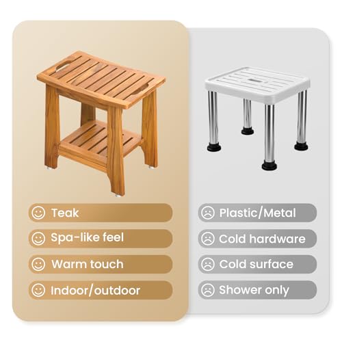24" Large Teak Shower Bench with Shelf & Handle - Waterproof Spa Stool, Non-Slip Leveling Feet & 300 lbs Capacity - for Showers, Saunas/Steam Rooms & Outdoor Pools (Patented) - size: 24"W x 13" Dx 18"H