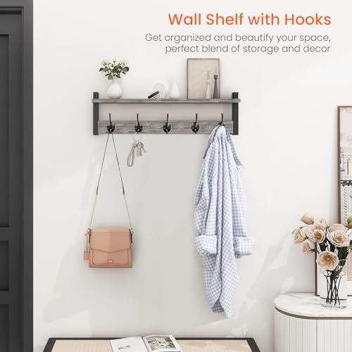 Homode Wall Hooks With Shelf, 24 Inch Coat Rack Wall Mount for Entryway, Clothes, Backpack, Key, Purse - Floating Shelf Hanging in Bathroom, Bedroom, Hallway, Rustic Grey - color: Rustic Grey, size: 24 Inch Long