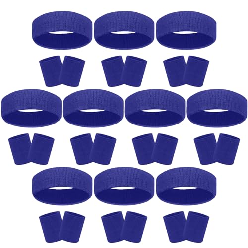 30 Pcs Sweatbands Wristbands Set Absorbent Terry Cloth Headbands Wristbands Neon Color Striped 80s Athletic Sweatbands for Sports Gym Exercise - color: Dark Blue