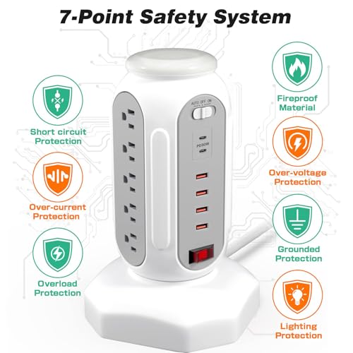 Power Strip Tower 15 Outlets 6 USB Ports, Surge Protector with Colorful Led-Light & PD 30W USB-C Fast Charger, Desktop Charging Station with 6.5ft Heavy Duty (White) - style: PD-30W-WHITE