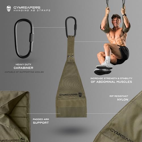 Gymreapers Hanging Ab Straps for Pull-Up Bar - Hang Bar Assist Strap & Strength Workout Equipment, Padded Adjustable Arm Supports with 2 Steel Carabiners for Leg Raises, Abdominal & Core Training - color: Ranger Green