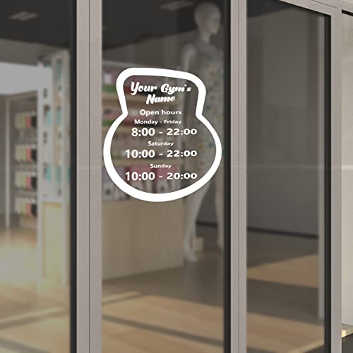Gym Open Decal with Opening Hours in Creative Frame in Shape of Kettlebell - Business Hours Sticker for Windows Doors Walls - Custom Signs for Business Gyms Fitness - color: Dec 15