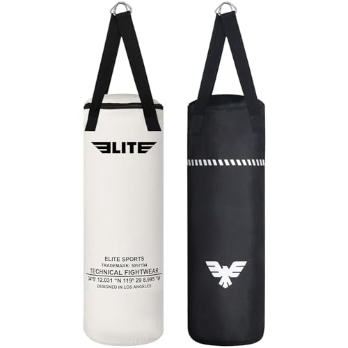Elite Sports Boxing Bag 4 FT – Heavy Duty Canvas Punching Bag with Straps for Boxing, Training, MMA, Muay Thai, Kickboxing, Martial Arts & Fitness – UNFILLED Heavy Bag - color: Black