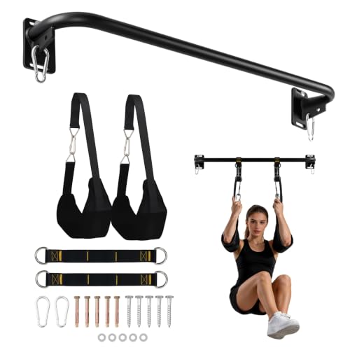 Wall Mounted Pull Up Bar with Hanging Ab Straps, Carbon Steel Chin Up Bar with 8mm Steel Plates, Adjustable Oxford Cloth Ab Sling Straps for Pull Ups, Knee Raises, Leg Raises, Home Gym Training（Black- Ab Straps） - color: Black