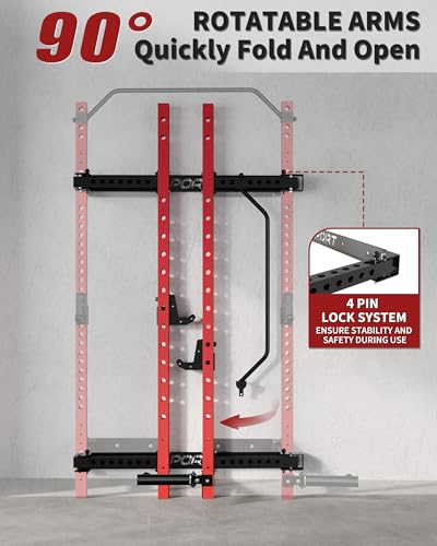 Folding Wall Mounted Squat Rack, 1000 Pounds Capacity Power Rack with Pull Up Bar, J Hooks and Other Attachments, Space Saving Multi-Functional Power Cage for Home Gym