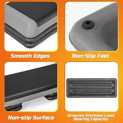 ZENY 43'' Exercise Aerobic Step Platform, Adjustable Fitness Stepper with 4 Stackable Risers, Aerobics Stepper Workout Stepper for Home Gym Cardio Strength & Training - color: Grey
