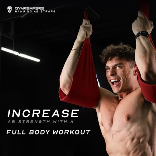 Gymreapers Hanging Ab Straps for Pull-Up Bar - Hang Bar Assist Strap & Strength Workout Equipment, Padded Adjustable Arm Supports with 2 Steel Carabiners for Leg Raises, Abdominal & Core Training - color: Red