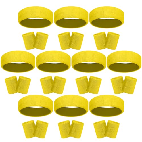30 Pcs Sweatbands Wristbands Set Absorbent Terry Cloth Headbands Wristbands Neon Color Striped 80s Athletic Sweatbands for Sports Gym Exercise - color: Yellow