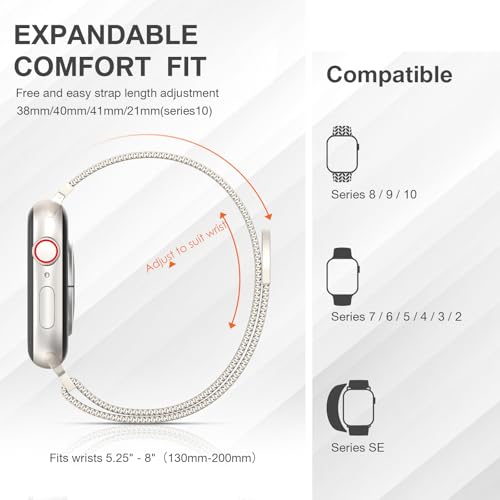 Stainless Steel Milanese Loop Compatible with Apple Watch Bands 38mm 40mm 41mm 42mm men and women, Magnetic Clasp Replacement for iWatch Ultra Series 11 10 9 8 7 SE 6 5 4 3 2 1 - color: Starlight, size: 38/40/41/42mm(Series 11/10)