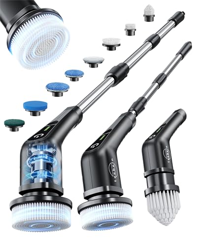 Leebein Electric Spin Scrubber, Cordless Cleaning Brush with 8 Replaceable Brush Heads, Tub and Floor Tile Power Scrubber Dual Speed with Adjustable & Detachable Handle for Bathroom Tub (All Black) - color: All Black