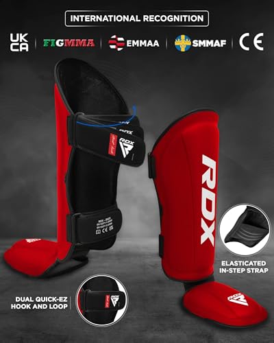 RDX Shin Guards Kickboxing Muay Thai, SATRA SMMAF Approved, Premium Maya Hide Leather, Leg Instep Protection Pads, MMA Martial Arts Kicking Sparring Training Gear, BJJ Karate Boxing Taekwondo, Black - color: Red, size: X-Large