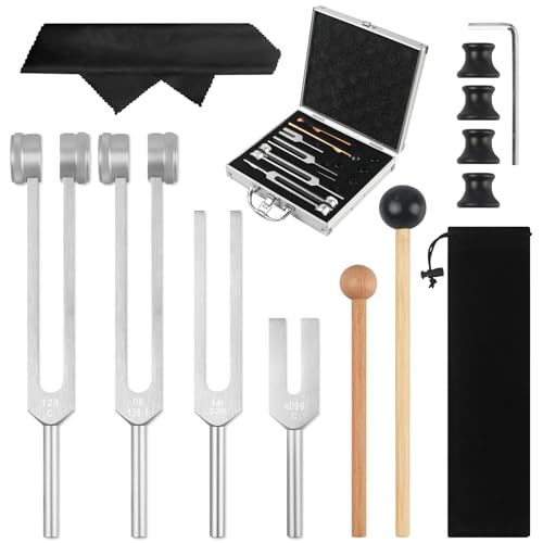 Tuning Fork Medical Sound Healing Set of 4 (128Hz, OM 136.1Hz, MI 528Hz, 4096Hz), Weighted & Unweighted Aluminum Forks with Reflex Hammer, Storage Bag and Exquisite Package for Chakra/Healing/Yoga - color: 4 Pcs - Silver
