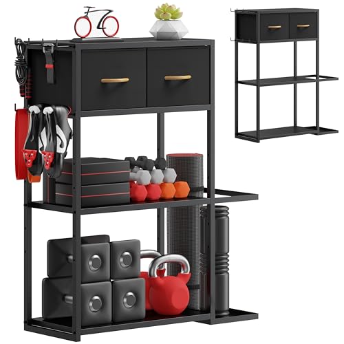 Home Gym Storage Rack, Adjustable 4-Tier with Extra Drawer | Home gym storage rack with 4 adjustable zones, fabric drawer & 150 lb shelves, for dumbbells, mats and workout gears