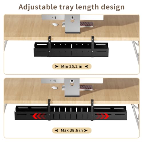 Under Desk Cable Management Tray, Expandable 25.2"– 38.6" No Drill with Clamp Mount Cord Management, Black Carbon Steel Cord Organizer for Desk, Home, Office